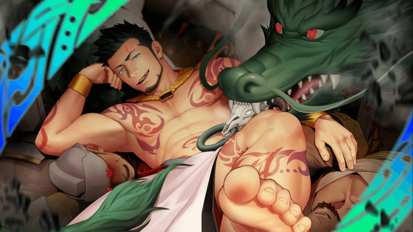 6+boys :q abs arm_tattoo bara bare_pecs beard black_hair blush bulge chest_tattoo dragon drooling elbow_rest facial_hair facial_tattoo feet greek_clothes green_eyes gyee heart heart-shaped_pupils highres itto_(mentaiko) leg_tattoo lying magic male_focus manly mature_male multiple_boys muscular muscular_male navel nipples official_art on_back on_person pectorals priapus priapus_a._tarou red_pupils short_hair smug solo_focus spiked_hair stomach stomach_tattoo stubble symbol-shaped_pupils tattoo thick_thighs thighs toes tongue tongue_out