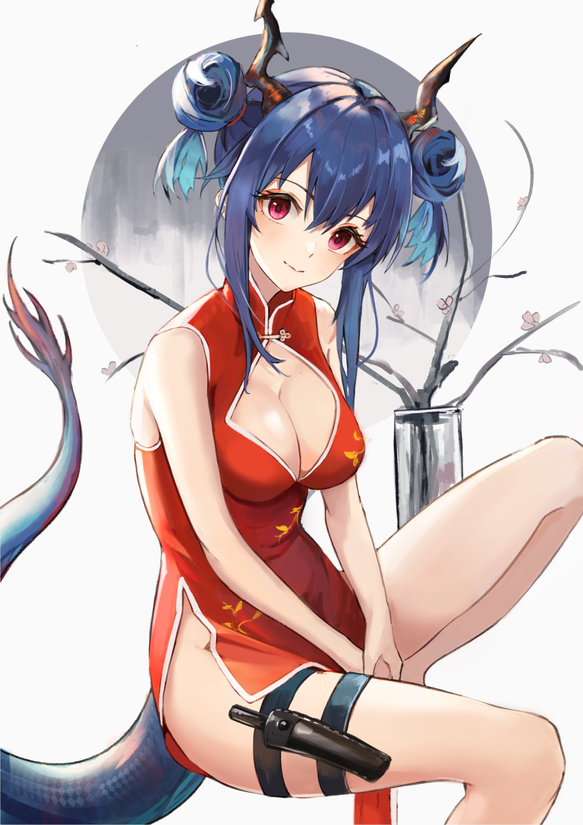 1girl absurdres arknights bare_arms bare_legs bare_shoulders blue_hair breasts ch'en_(ageless_afterglow)_(arknights) ch'en_(arknights) china_dress chinese_clothes cleavage cleavage_cutout clothing_cutout double_bun dragon_horns dragon_tail dress head_tilt highres holster horns invisible_chair knee_up kuguiema long_hair looking_at_viewer medium_breasts no_bra no_panties pelvic_curtain red_dress red_eyes sidelocks sitting sleeveless sleeveless_dress smile solo tail tail_raised thigh_strap thighs tied_hair v_arms