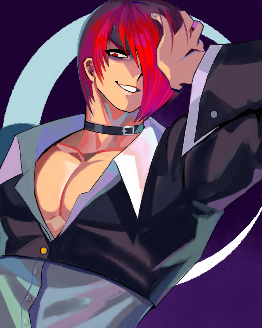 1boy choker denaseey hair_over_one_eye highres jacket jewelry laughing male_focus moon open_mouth red_eyes red_hair shirt short_hair smile snk solo the_king_of_fighters the_king_of_fighters_'95 yagami_iori