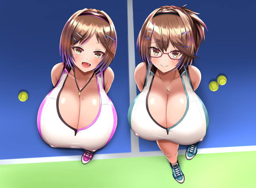 2girls absurdres arms_behind_back ball breasts brown_eyes brown_hair cleavage covered_nipples fang from_above glasses hair_ornament hairband highlights highres huge_breasts huge_filesize jewelry large_breasts looking_at_viewer mameneko_pai multicolored_hair multiple_girls necklace original short_hair sleeveless smile sportswear tennis_ball tennis_court tennis_uniform