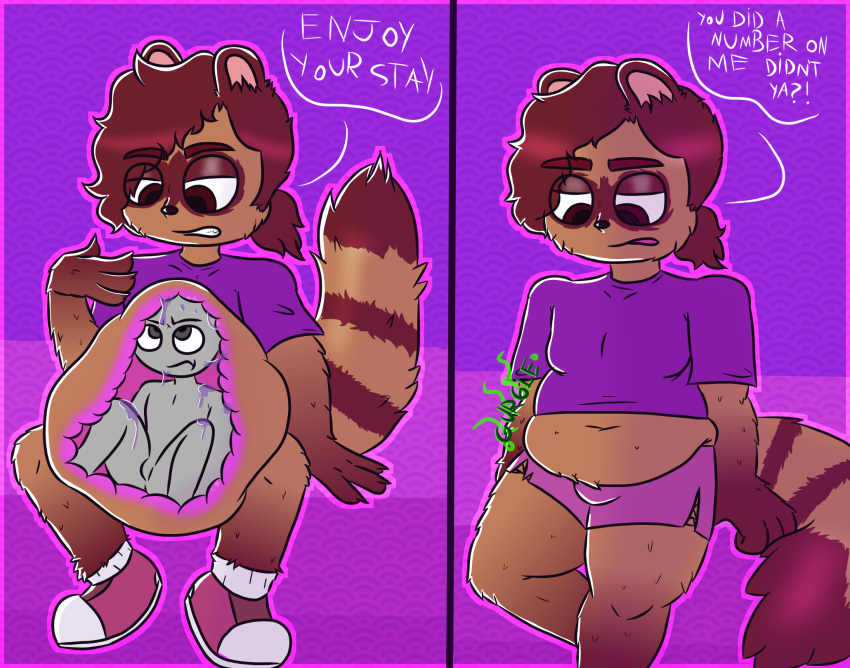 anthro belly chubby_male coati dialogue digestion digestion_noises duo faceless_male gio(verygreeniguana) hi_res humanoid male male/male mammal navel onomatopoeia procyonid shaded simple_background simple_eyes simple_shading slightly_chubby sound_effects speech_bubble text verygreeniguana vore weight_gain