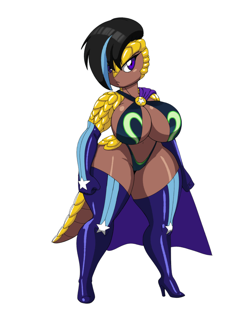 anthro big_breasts bikini boots breast_implants breasts cape clothing emo_haircut fake_breasts female footwear hi_res high_heels highleg highleg_bikini highleg_panties highlights_(coloring) huge_breasts legwear mammal mohawk pangolin shoes side_cape solo superhero superhero_bikini superhero_costume swimwear tansau thigh_boots thigh_highs yinsei