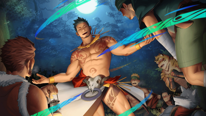 6+boys abs animal_ears arm_tattoo bara bare_pecs beard black_hair blush bulge chest_tattoo closed_eyes facial_hair facial_tattoo forest furry greek_clothes green_eyes gyee heart heart-shaped_pupils highres itto_(mentaiko) large_pectorals looking_at_another magic male_focus manly mature_male multiple_boys muscular muscular_male nature navel nipples official_art outstretched_arms priapus priapus_a._tarou red_pupils short_hair spiked_hair spread_arms stomach stomach_tattoo stubble symbol-shaped_pupils tattoo thick_thighs thighs tiger_boy tiger_ears