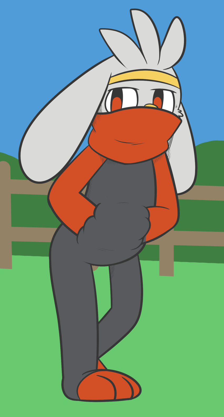 2021 absurd_res anthro big_ears bottomwear cite_eyes clothed clothing feet fluffy fur grass grey_body grey_fur hi_res hindpaw holding_belly lagomorph leporid long_ears looking_at_viewer male mammal nintendo outside pants paws plant pok&eacute;mon pok&eacute;mon_(species) rabbit raboot red_body red_eyes red_fur relaxing ritzcat scarf solo standing standing_position sweater topwear video_games walking