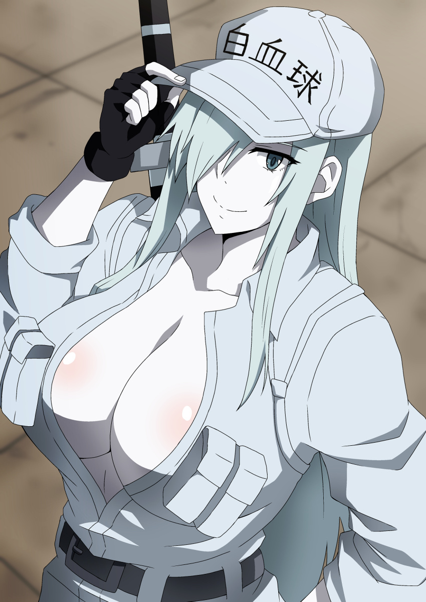 1girl bangs baseball_cap belt black_gloves blush breasts cleavage collarbone colored_skin fingerless_gloves gloves grey_eyes hair_over_one_eye hara_(harayutaka) hat hataraku_saibou hataraku_saibou_black highres large_breasts long_hair long_sleeves looking_at_viewer silver_hair smile u-1196 white_blood_cell_(hataraku_saibou) white_skin white_uniform