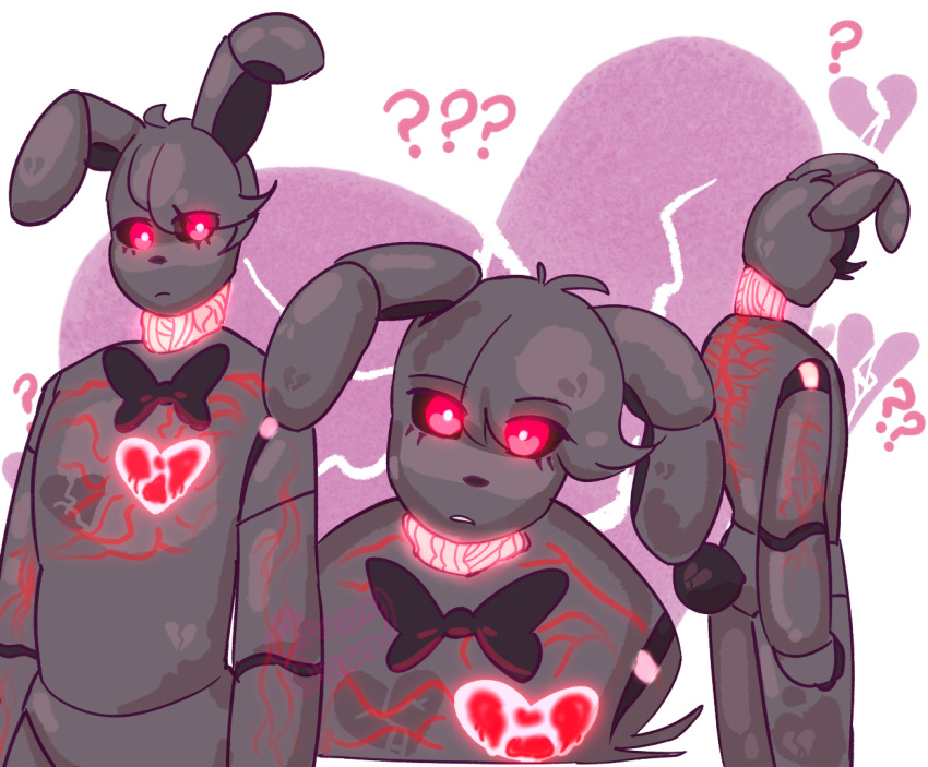 &lt;/3 &lt;3 ? animatronic anthro black_heart_bonnie_(fnaf) black_nose black_tail bonnie_(fnaf) bow_tie channydraws close-up eyelashes five_nights_at_freddy's five_nights_at_freddy's_ar frown fur glowing glowing_eyes glowing_heart glowing_neck grey_body grey_ears grey_fur grey_hair hair lagomorph leporid long_ears looking_at_viewer looking_away looking_down machine male mammal multicolored_body purple_background rabbit red_body red_eyes redesign robot scut_tail short_hair short_tail simple_background solo standing teeth vein video_games white_background