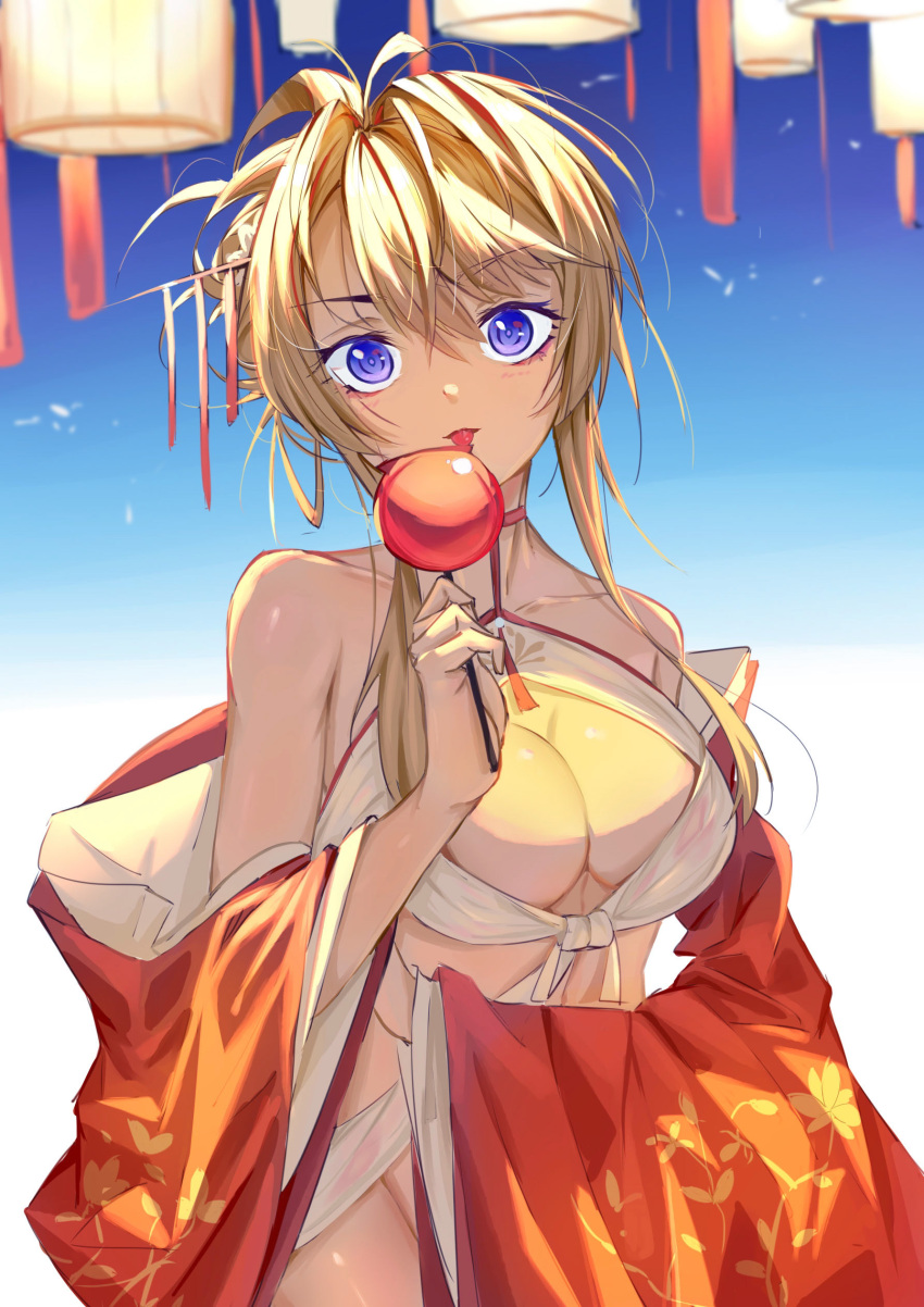 1girl absurdres azur_lane bare_shoulders breasts center_opening chinese_new_year cleavage_cutout clothing_cutout dress glorious_(azur_lane) glorious_(pungent_plum)_(azur_lane) hair_between_eyes hair_ornament highres kanzashi large_breasts licking looking_at_viewer neck_ribbon neckwear off_shoulder official_alternate_costume purple_eyes red_dress revealing_clothes ribbon solo soranoki tied_hair wakamezake wide_sleeves