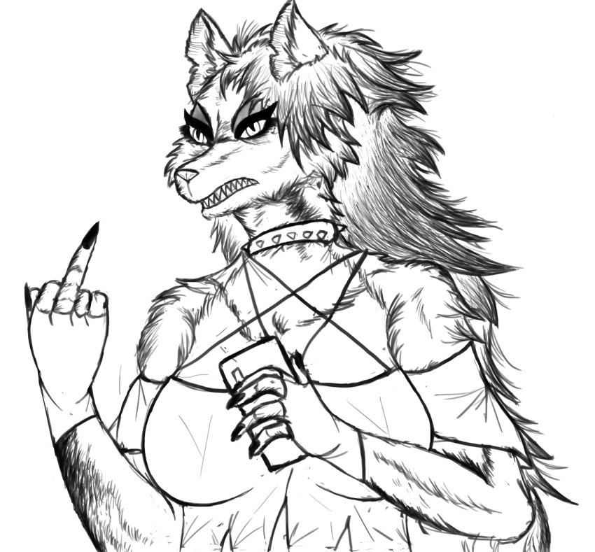 angry anthro avelvision breasts canid canid_demon canine canis cleavage clenched_teeth clothed clothing collar demon female gesture hellhound helluva_boss hi_res loona_(vivzmind) mammal middle_finger monochrome sketch solo teeth wolf