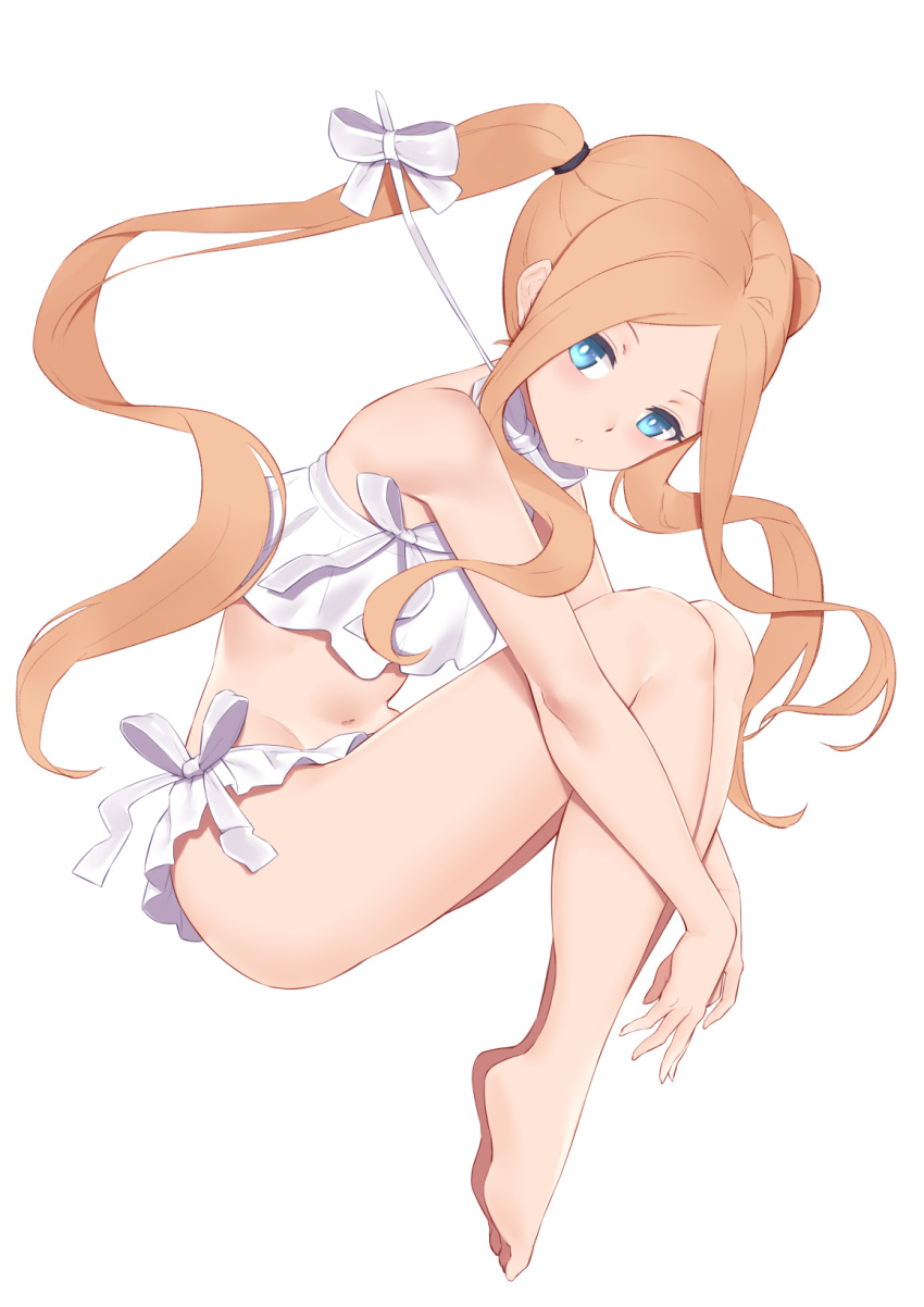 1girl abigail_williams_(fate) abigail_williams_(swimsuit_foreigner)_(fate) bangs bare_shoulders barefoot bikini blonde_hair blue_eyes bow breasts breath fate/grand_order fate_(series) forehead hair_bow highres jilu legs long_hair miniskirt navel parted_bangs sidelocks simple_background skirt small_breasts solo swimsuit twintails very_long_hair white_bikini white_bow