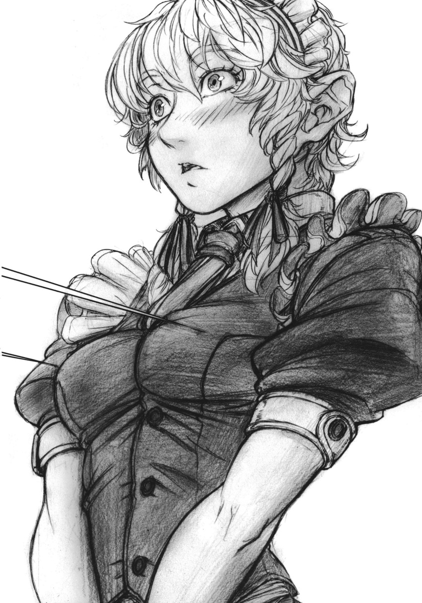 1girl blush braid greyscale highres imizu_(nitro_unknown) izayoi_sakuya maid_headdress monochrome necktie puffy_short_sleeves puffy_sleeves short_hair short_sleeves speech_stab touhou