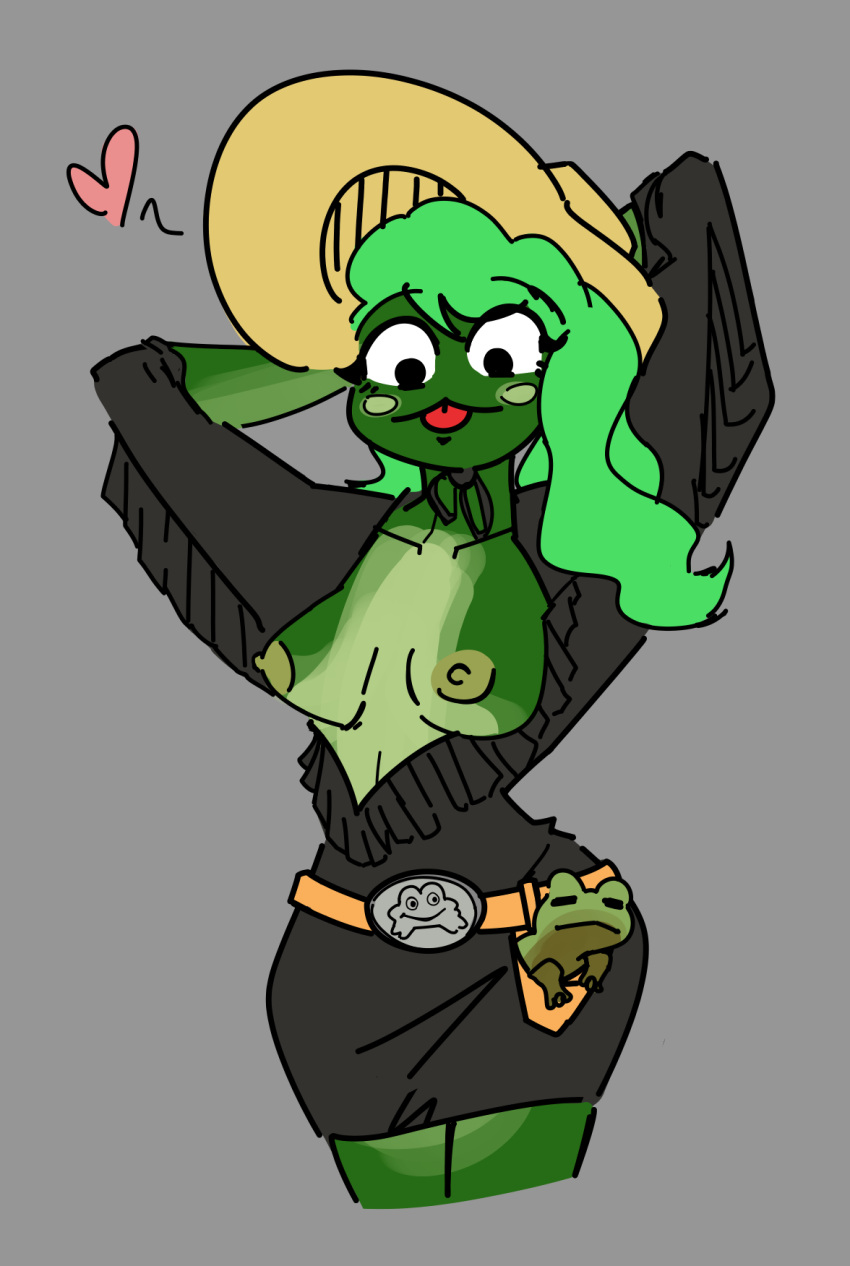 &lt;3 amphibian anthro belt belt_buckle blush breasts clothed clothing empskit exposed_breasts female frog guntherie_(theopt1onal) hair hat headgear headwear hi_res solo trans_(lore) trans_woman_(lore)