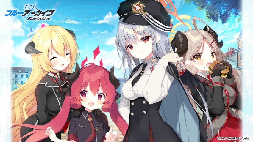 4girls ahoge akari_(blue_archive) blonde_hair blue_archive blush brown_hair closed_eyes commentary_request copyright_name fang hair_between_eyes haruna_(blue_archive) hat horns junko_(blue_archive) military_jacket multiple_girls official_art open_mouth purple_eyes red_hair shiratama_(shiratamaco) smile