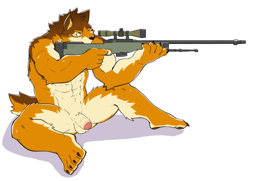abs aiming anthro balls barrel_(live-a-hero) canid canine canis doodledaeng flaccid genitals gun hi_res humanoid_genitalia humanoid_penis live-a-hero male mammal muscular muscular_anthro muscular_male nude penis ranged_weapon rifle scope simple_background sniper_rifle solo weapon white_background wolf