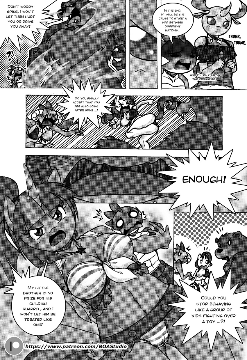 anthro anthrofied arthropod big_breasts bikini boastudio breasts butt_from_the_front changeling cleavage clothed clothing comic dragon english_text equid equine female friendship_is_magic hasbro hi_res horn male mammal monochrome my_little_pony one_breast_out princess_ember_(mlp) rarity_(mlp) spike_(mlp) swimwear text thorax_(mlp) transformation twilight_sparkle_(mlp) unicorn url ursid winged_unicorn wings