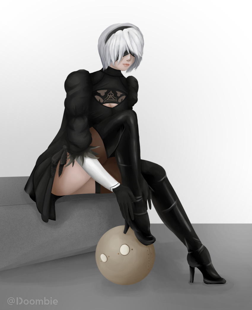 1girl black_dress black_footwear blindfold boots breasts cleavage cleavage_cutout clothing_cutout doombie dress full_body gloves gradient gradient_background hairband hands_on_own_leg highres leather leather_boots nier_(series) nier_automata self_upload short_hair simple_background sitting skirt skirt_aside solo thigh_boots thighhighs white_background white_gloves white_hair yorha_no._2_type_b