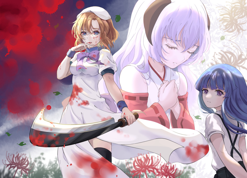 3girls back_bow bangs beret black_horns black_legwear bleeding blood blood_on_face blood_on_fingers blood_splatter bloody_clothes bloody_hair bloody_hands bloody_weapon blue_eyes blue_hair blunt_bangs bow breasts closed_eyes closed_mouth commentary crying detached_sleeves dress flower front_slit furude_rika hanyuu hat hatchet highres higurashi_no_naku_koro_ni holding holding_hatchet holding_weapon horns japanese_clothes leaf leaves_in_wind licking_blood long_dress long_hair looking_at_viewer looking_back medium_breasts medium_hair miko multiple_girls nose_hatchet orange_hair own_hands_together parted_bangs puffy_short_sleeves puffy_sleeves purple_bow purple_eyes purple_hair red_flower ribbon-trimmed_sleeves ribbon_trim ryuuguu_rena shirt short_sleeves sidelocks spider_lily suspenders tears thighhighs upper_body weapon white_dress white_headwear white_shirt wristband yongyue46