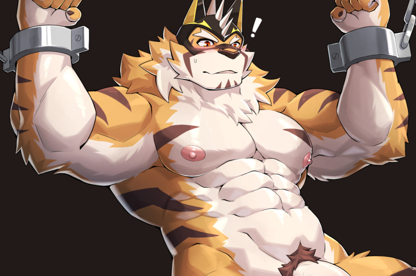 ! abs anthro captured felid flaccid genitals handcuffs kamyuelo live-a-hero male mammal mask muscular muscular_anthro muscular_male nipples pantherine pecs penis penis_base pubes ryekie_(live-a-hero) shackles solo superhero tiger