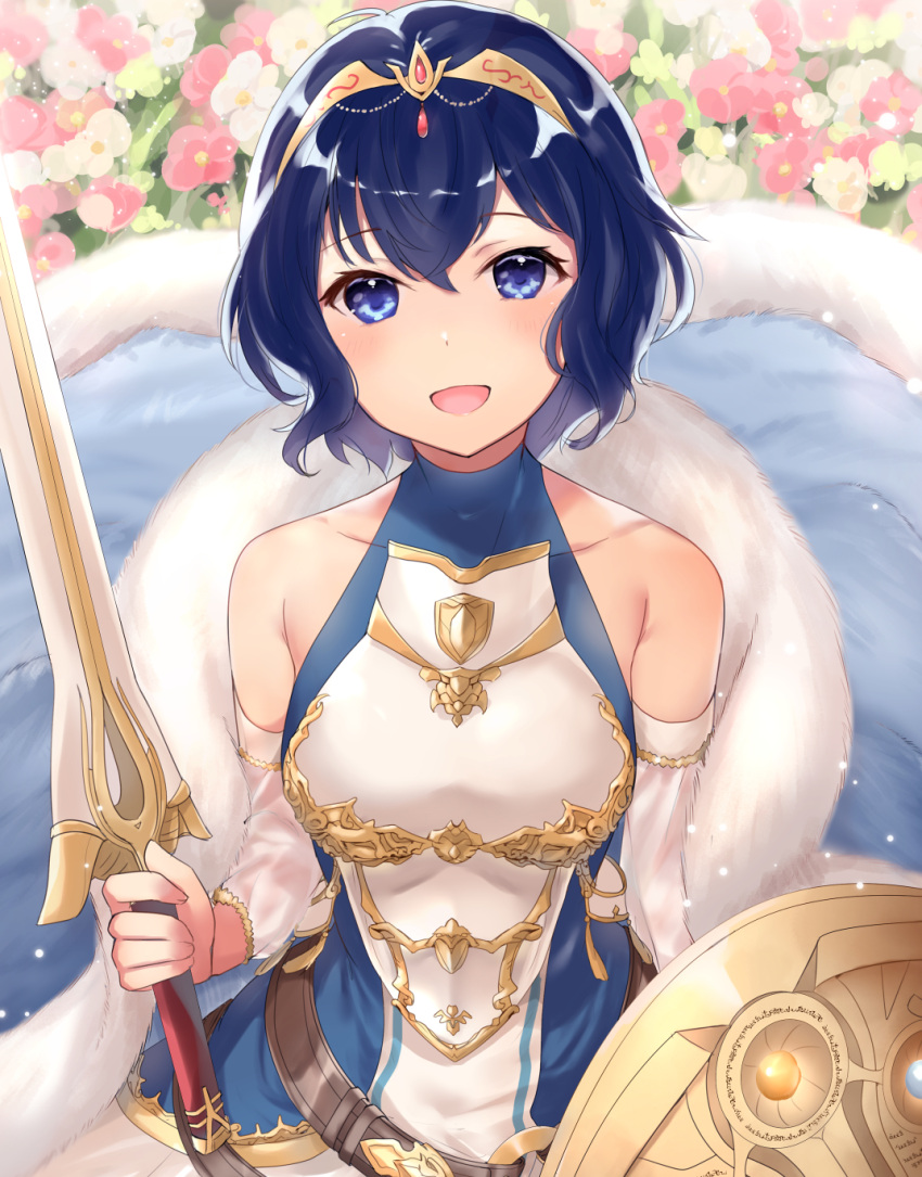 1girl alternate_hair_color bare_shoulders belt blue_eyes blue_hair cape commentary_request detached_sleeves eyebrows_visible_through_hair falchion_(fire_emblem) fire_emblem fire_emblem_awakening flower fur_cape haru_(nakajou-28) highres holding holding_sword holding_weapon morgan_(fire_emblem) morgan_(fire_emblem)_(female) open_mouth solo sword tiara weapon