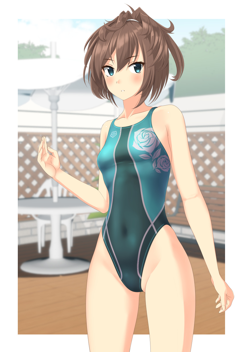 1girl absurdres beach_umbrella blue_eyes blue_sky blurry breasts brown_hair chair cloud commentary_request competition_swimsuit covered_navel cowboy_shot day depth_of_field fence floral_print green_swimsuit highleg highleg_swimsuit highres kantai_collection long_hair looking_at_viewer messy_hair one-piece_swimsuit outdoors parted_lips sheffield_(kancolle) sky small_breasts solo standing swimsuit table takafumi umbrella white_umbrella