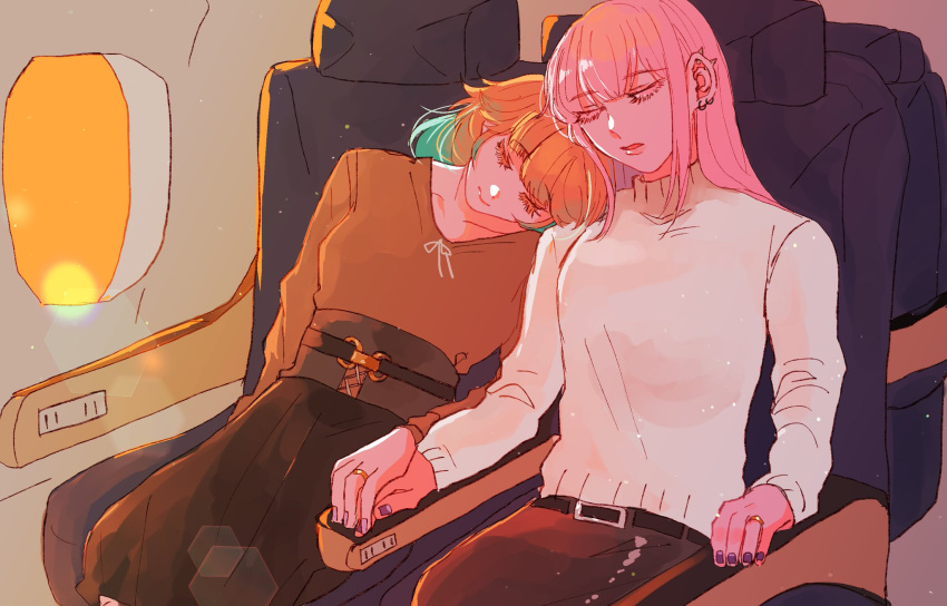 2girls airplane_interior alpholo_v ear_piercing green_hair head_on_another's_shoulder highres hololive hololive_english mori_calliope multicolored_hair multiple_girls orange_hair parted_lips piercing pink_hair seat sitting takanashi_kiara virtual_youtuber