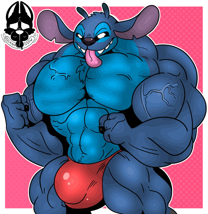 2021 abs alien antennae_(anatomy) anthro anthrofied biceps big_muscles biped black_claws black_eyes black_nose blue_body blue_fur border bulge chest_tuft claws clothing crotch_tuft digital_drawing_(artwork) digital_media_(artwork) dipstick_antennae disney dogmanart dotted_background experiment_(lilo_and_stitch) fur genital_outline head_tuft hi_res huge_muscles lilo_and_stitch male multicolored_antennae muscular muscular_anthro muscular_male notched_ear outline outside_border pattern_background pecs penis_outline pink_background simple_background solo speedo stitch_(lilo_and_stitch) swimwear thick_thighs tongue tongue_out tuft veiny_muscles white_border