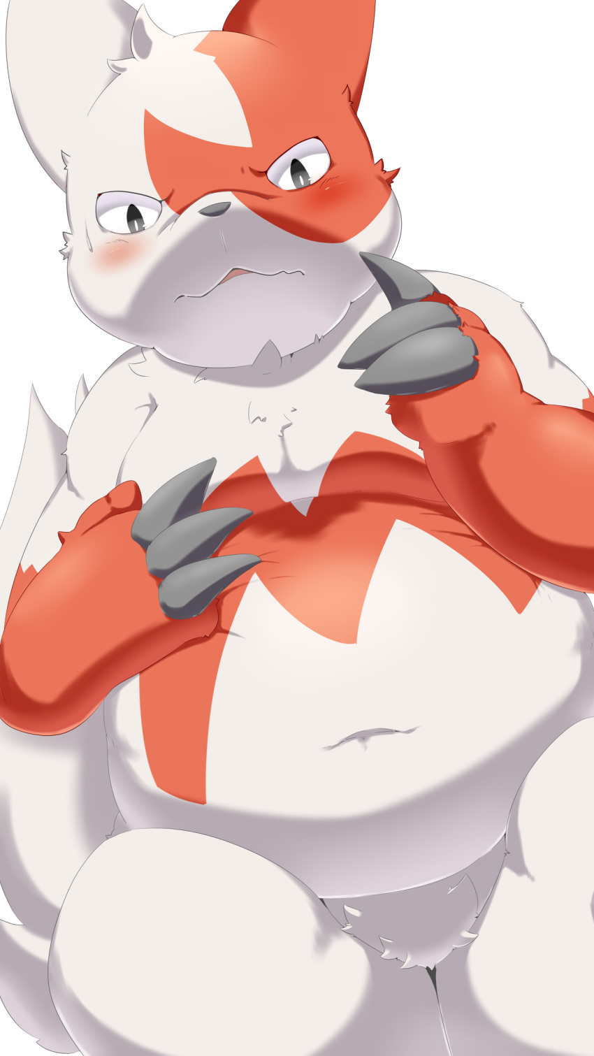 2017 9:16 absurd_res blush hi_res looking_at_viewer male nintendo okunawa pok&eacute;mon pok&eacute;mon_(species) pubes simple_background slightly_chubby solo video_games white_background zangoose