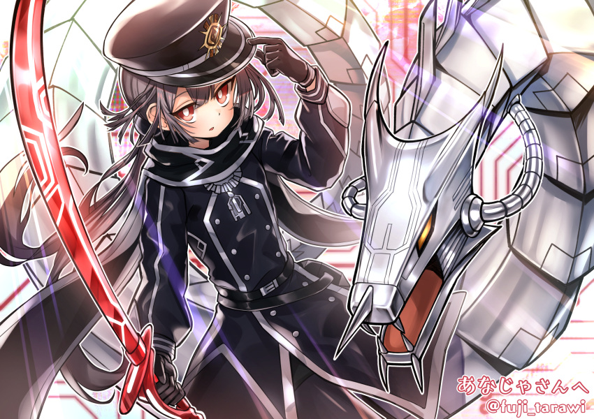 1girl belt blush cyber_dragon duel_monster fuji_tarawi gloves hat highres long_hair looking_at_viewer low_twintails machine peaked_cap red_eyes scarf silver_hair sky_striker_ace_-_roze sword twintails very_long_hair weapon yu-gi-oh!