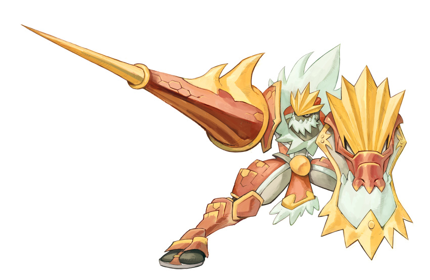 1boy armor colored_skin crossover faulds forehead_protector full_armor fur_collar garrett_hanna gen_6_pokemon grey_skin highres holding holding_lance holding_polearm holding_shield holding_weapon huge_weapon humanization lance loincloth monster_hunter pokemon pokemon_(creature) polearm shield solo spiked_armor standing tabi tyrantrum weapon