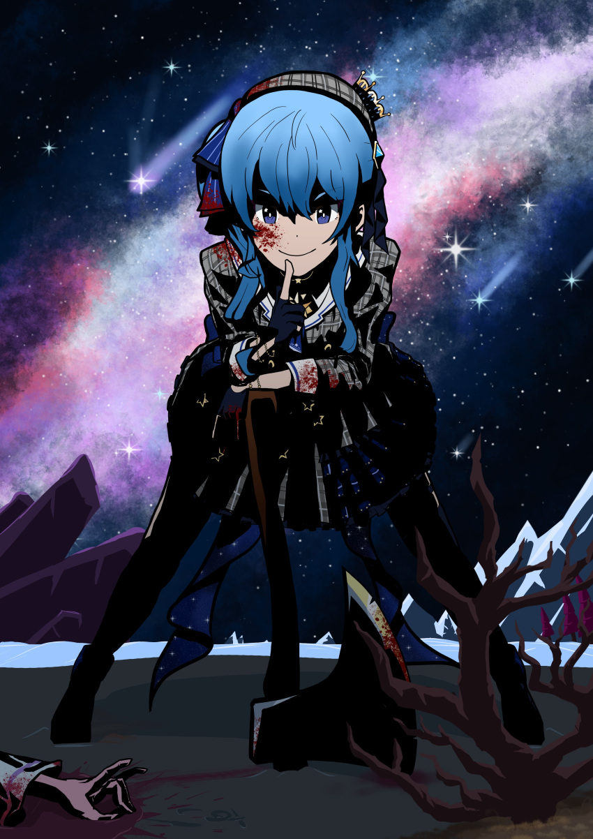 2girls absurdres axe beret black_gloves black_legwear blood blood_on_face bloody_axe bloody_clothes bloody_weapon blue_eyes blue_hair boots bow corpse dark dying_message finger_to_mouth gloves grin hat highres hololive hoshimachi_suisei karmachameleon krita_(medium) leaning_forward leaning_on_object long_hair looking_at_viewer moonlight mountainous_horizon multiple_girls nebula night partially_fingerless_gloves plaid plaid_skirt planted_weapon project_winter ringlets shaded_face shirakami_fubuki shooting_star side_ponytail sidelocks skirt sky smile socks solo_focus standing star_(sky) starry_background starry_sky striped striped_bow thighhighs virtual_youtuber wavy_hair weapon winter