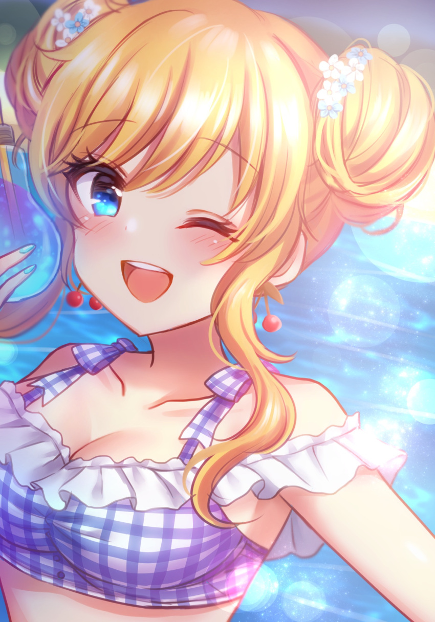 1girl :d ;d bangs bare_shoulders bikini blonde_hair blue_eyes blue_nails blush breasts cherry_earrings cleavage collarbone commentary_request double_bun earrings eyebrows_visible_through_hair food_themed_earrings frills hand_up highres idolmaster idolmaster_cinderella_girls jewelry komari_mhy looking_at_viewer medium_breasts one_eye_closed ootsuki_yui open_mouth plaid plaid_bikini smile solo swimsuit upper_body water