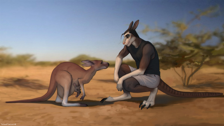 absurd_res anthro chris_(totesfleisch8) claws duo feet feral hair hi_res kangaroo macropod male mammal marsupial mother mother_and_child parent parent_and_child savanna toes totesfleisch8