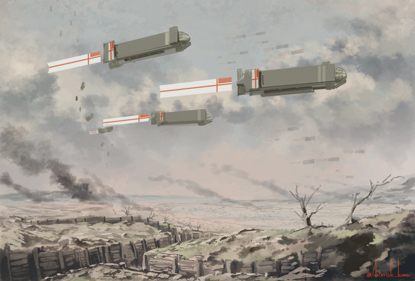 aircraft airship asterisk_kome commentary day dirigible flag grey_sky horizon no_humans outdoors overcast scenery smoke trench twitter_username war winged_fusiliers