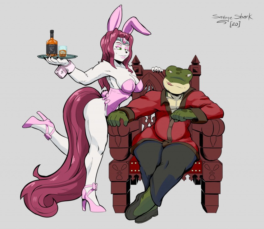 anthro breasts bucky_o'hare_(series) bunny_costume clothing costume duo female footwear high_heels jenny_(bucky_o'hare) male male/female nintendo savageshark shoes sitting slippy_toad star_fox video_games wine_bottle