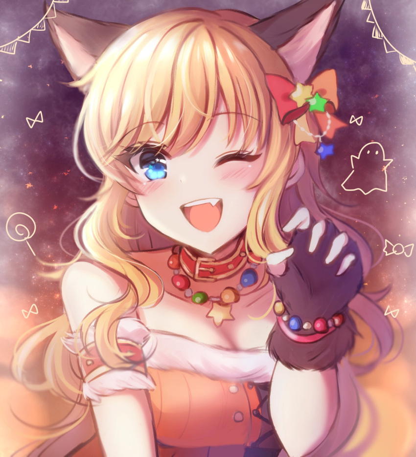 1girl ;d animal_ears bangs bare_shoulders blonde_hair blue_eyes blush bow bracelet breasts cleavage collarbone commentary_request fang fur_gloves gloves hair_bow hair_ornament hand_up highres idolmaster idolmaster_cinderella_girls jewelry komari_mhy long_hair looking_at_viewer necklace one_eye_closed ootsuki_yui open_mouth smile solo star_(symbol) star_hair_ornament upper_body