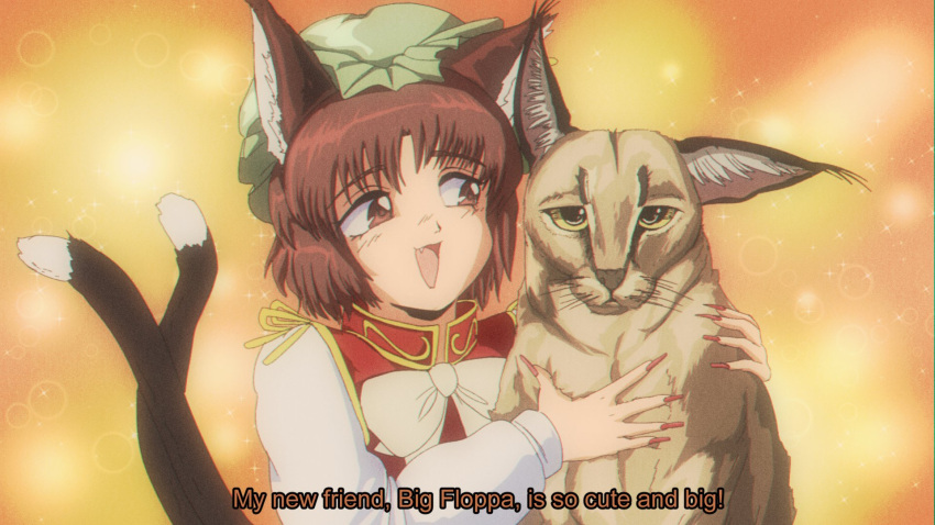 1990s_(style) 1girl :d animal_ear_fluff animal_ears blush brown_eyes brown_hair caracal cat_ears cat_girl cat_tail chen fang fingernails highres long_fingernails looking_at_animal looking_at_viewer meme multiple_tails nekomata open_mouth red_nails retro_artstyle short_hair smile step_arts tail touhou two_tails