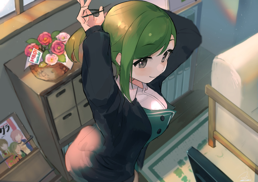 1girl absurdres adjusting_hair arms_up blazer bookshelf breasts flower from_above green_hair grey_eyes hair_tie highres huge_filesize idolmaster idolmaster_shiny_colors indoors jacket medium_breasts nanakusa_hazuki picture_(object) rug smile solo standing uouokuma vase vest