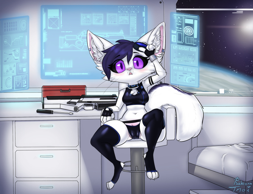 adra anthro bed belt camel_toe canid canine chair clothing dark_blue_hair desk eyewear female fennec fluffy_ears fox fur furniture gloves goggles gun handwear hi_res holographic_screen legwear looking_at_viewer mammal panties planet psakorn_tnoi purple_eyes ranged_weapon rifle shirt solo space spacestation spread_legs spreading tank_top thigh_highs toolbox tools topwear underwear weapon white_body white_fur