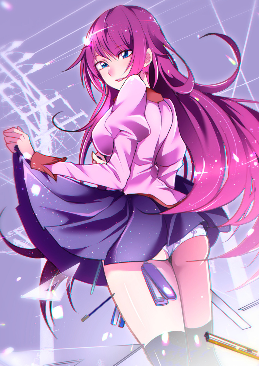1girl absurdres ass bakemonogatari bangs black_legwear blue_eyes blurry_foreground blush boxcutter breasts chromatic_aberration collar commentary_request eyebrows_visible_through_hair feet_out_of_frame from_behind hair_between_eyes highres holding juliet_sleeves kneehighs large_breasts lens_flare lifted_by_self long_hair long_sleeves looking_at_viewer looking_back mitsuki_tayura monogatari_(series) naoetsu_high_school_uniform nose_blush panties parted_lips partial_commentary pink_shirt pleated_skirt power_lines print_panties puffy_sleeves purple_hair red_collar ruler school_uniform senjougahara_hitagi senjougahara_pose shiny shiny_hair shiny_skin shirt sidelocks skirt skirt_lift sleeve_cuffs solo sparkle standing stapler stationery thighs underwear utility_pole very_long_hair