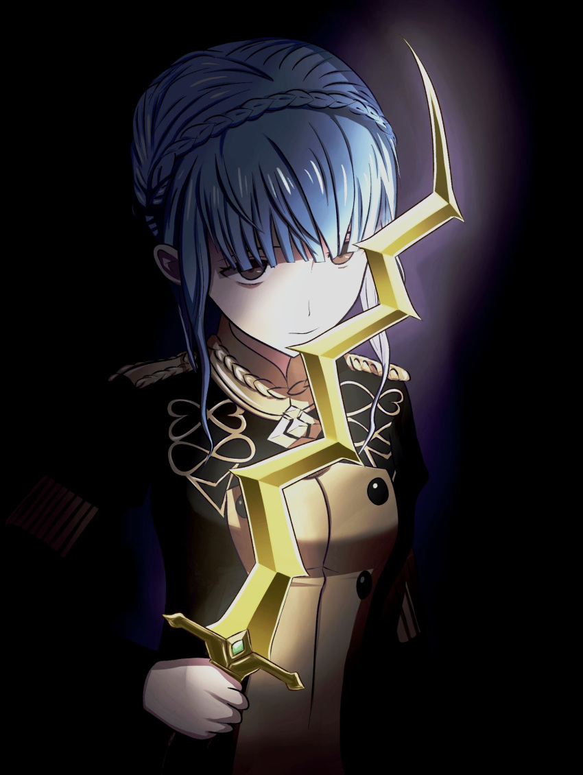 1girl bangs black_background black_jacket blue_hair braid brown_eyes crown_braid fire_emblem fire_emblem:_three_houses garreg_mach_monastery_uniform highres holding holding_sword holding_weapon jacket kontoratsupu levin_sword looking_at_viewer marianne_von_edmund short_hair solo sword upper_body weapon