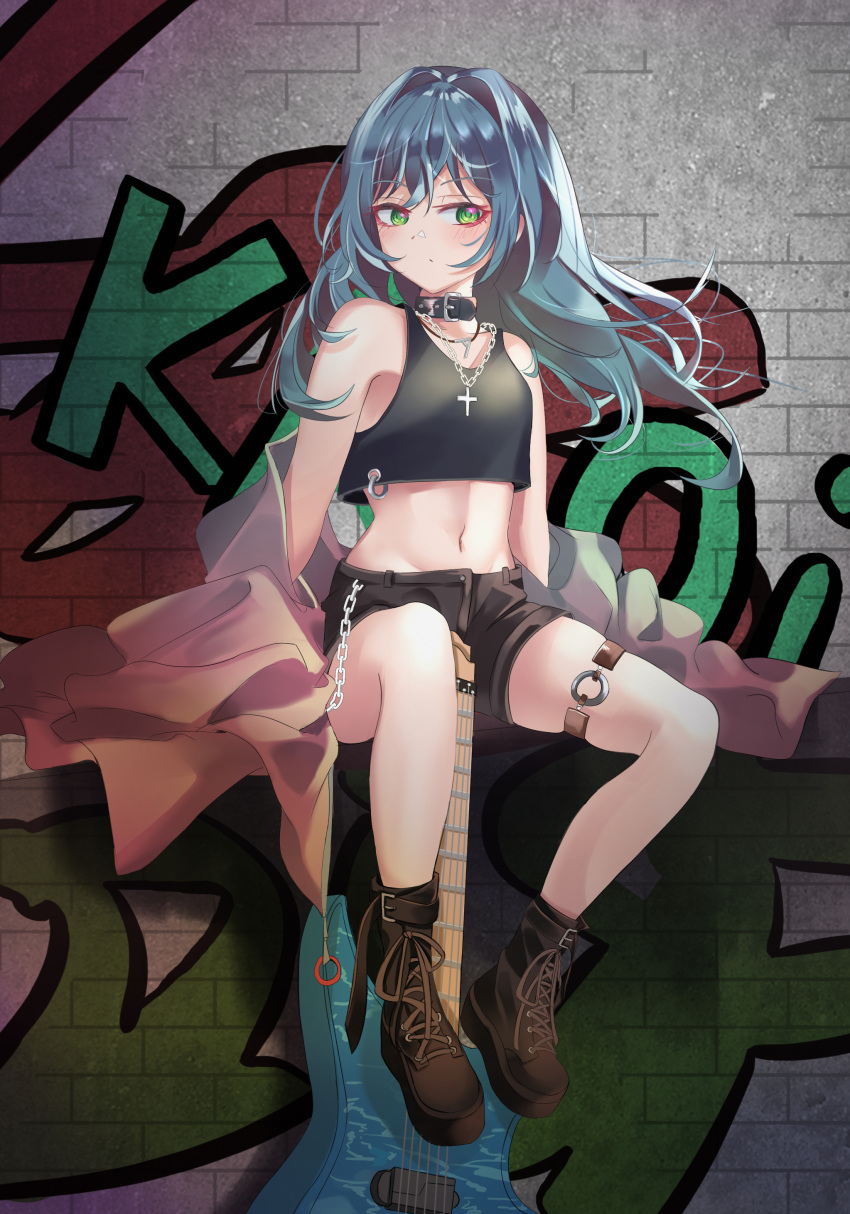 1girl absurdres asahi_rokka bang_dream! bangs bare_shoulders black_footwear black_shorts black_tank_top blue_hair blush boots breasts chain collarbone crop_top cross cross_necklace dated_commentary electric_guitar eyebrows_visible_through_hair floating_hair full_body graffiti green_eyes groin guitar hair_between_eyes hair_down hair_intakes highres instrument jacket jewelry knee_boots long_hair looking_to_the_side midriff navel necklace off_shoulder patpang shadow short_shorts shorts sidelocks sitting small_breasts solo strandberg_guitars tank_top thigh_strap wall