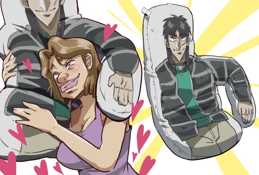 1girl big_nose blush brown_hair dakimakura_(object) fukumoto_nobuyuki_(style) gonk_(user_fdfd8782) heart itou_kaiji kaiji object_hug pillow pillow_hug pink_lips purple_shirt sakazaki_mikoko shirt simple_background solo thick_eyebrows white_background