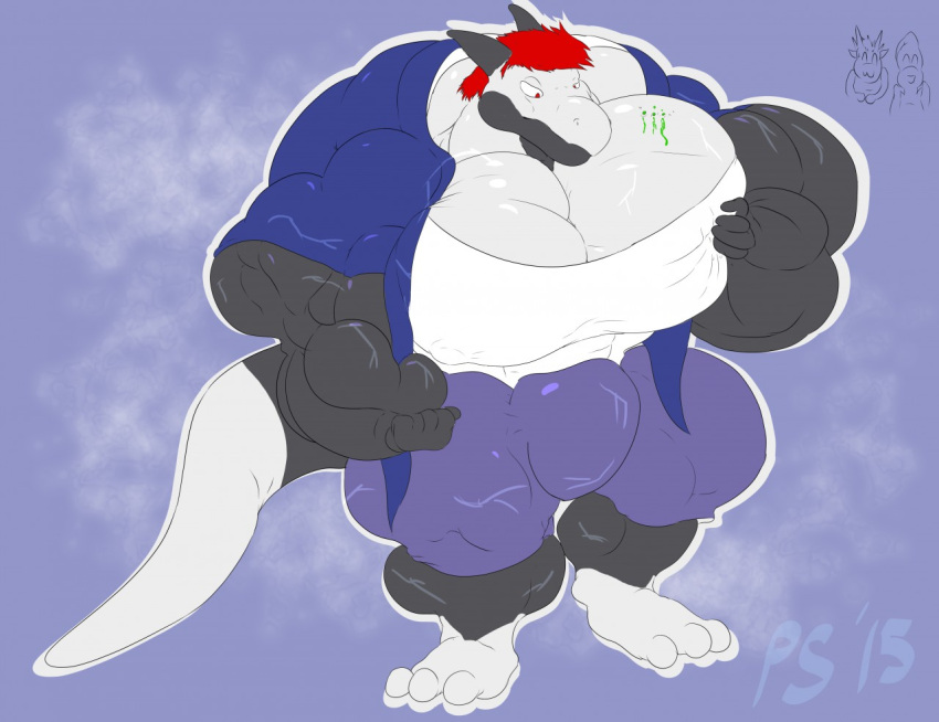 2015 3_toes 5_fingers anthro barefoot big_bulge big_muscles big_pecs bottomwear bulge clothing dragon feet fingers flat_coloring flexing hair hand_on_chest high-angle_view horn huge_bulge huge_muscles huge_pecs hyper hyper_muscles hyper_pecs jacket male multicolored_body multicolored_skin muscular panscolipede pants pecs plantigrade red_hair shirt short_hair solo standing tetsuchi_konawa toes topwear