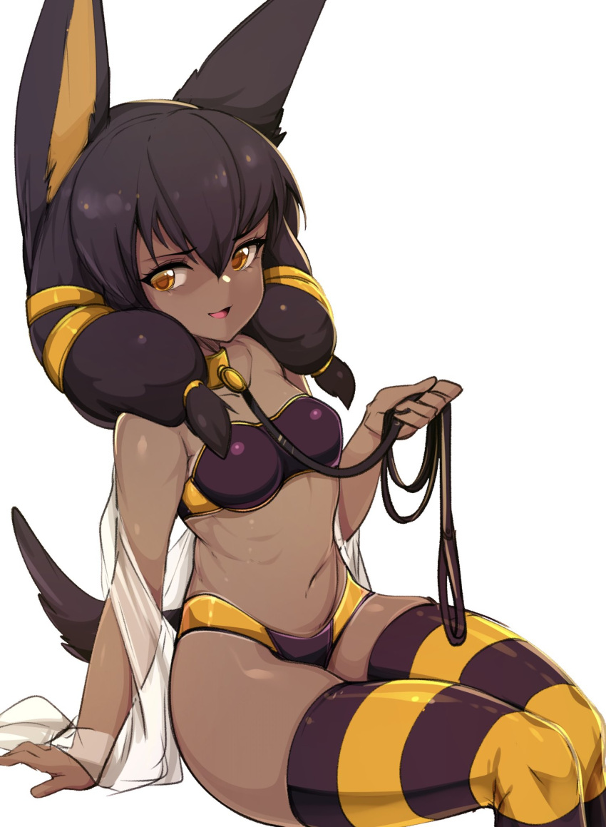 1girl animal_ears breasts brown_hair collar commentary dark_skin dark_skinned_female english_commentary eyebrows_visible_through_hair hair_between_eyes highres holding holding_leash leash looking_at_viewer medium_breasts midriff navel open_mouth orange_eyes original simple_background sitting slugbox smile solo striped striped_legwear thighhighs thighs white_background yellow_collar yellow_legwear