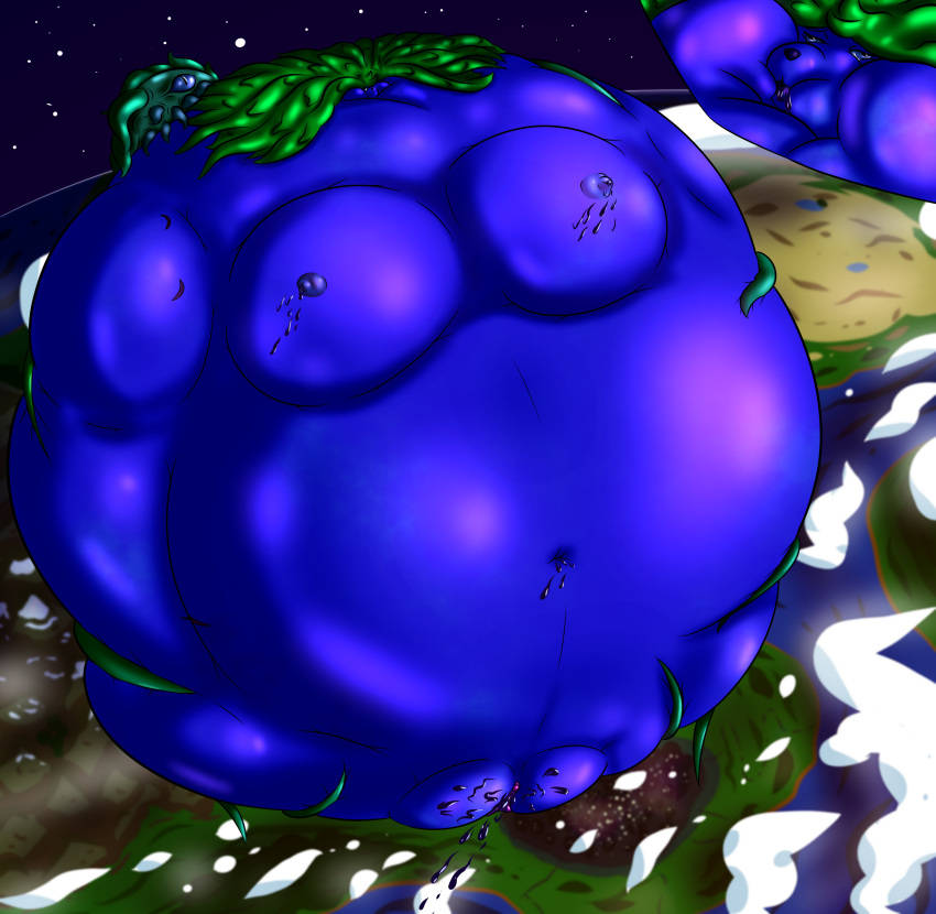 absurd_res ambiguous_form ambiguous_gender anthro aries_passadar belly berry_juice big_belly big_breasts blueberry_inflation bodily_fluids breasts canid canine canis cheek_bulge clitoris cloud female genital_fluids genitals green_hair hair hi_res huge_breasts hyper hyper_belly hyper_breasts immobile lactating landscape magic mammal navel nipples overweight overweight_female planet plant pussy_juice sea solo space spherical_inflation star tentacles unknown_artist vines water where_is_your_god_now wolf