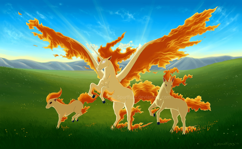 2015 absurd_res cloud equid equine female field fire flaming_hair flaming_mane flaming_tail flaming_wings fur group hi_res horn male mammal mountain nintendo on_hind_legs outside pegasus plains pok&eacute;mon pok&eacute;mon_(species) ponyta prancing pseudo_hair pseudo_mane radiance rapidash rearing_up spread_wings spudfuzz tan_body tan_fur trio video_games wings