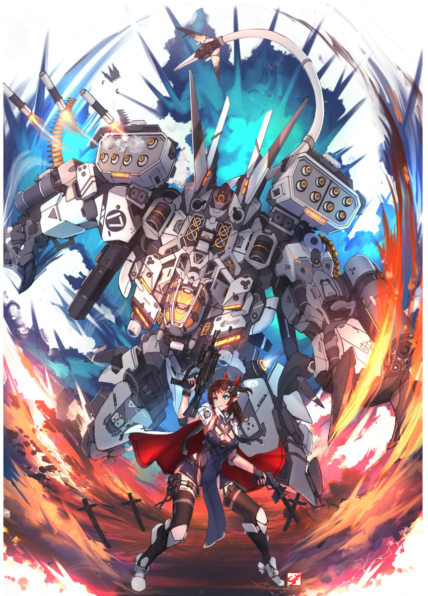 1girl absurdres battletech blue_eyes blush breasts cape claws cleavage commission dual_wielding firing gun highres holding holding_gun holding_weapon mecha medium_breasts missile missile_pod parted_lips pointy_ears science_fiction suppressor syaha tail thighhighs timber_wolf weapon