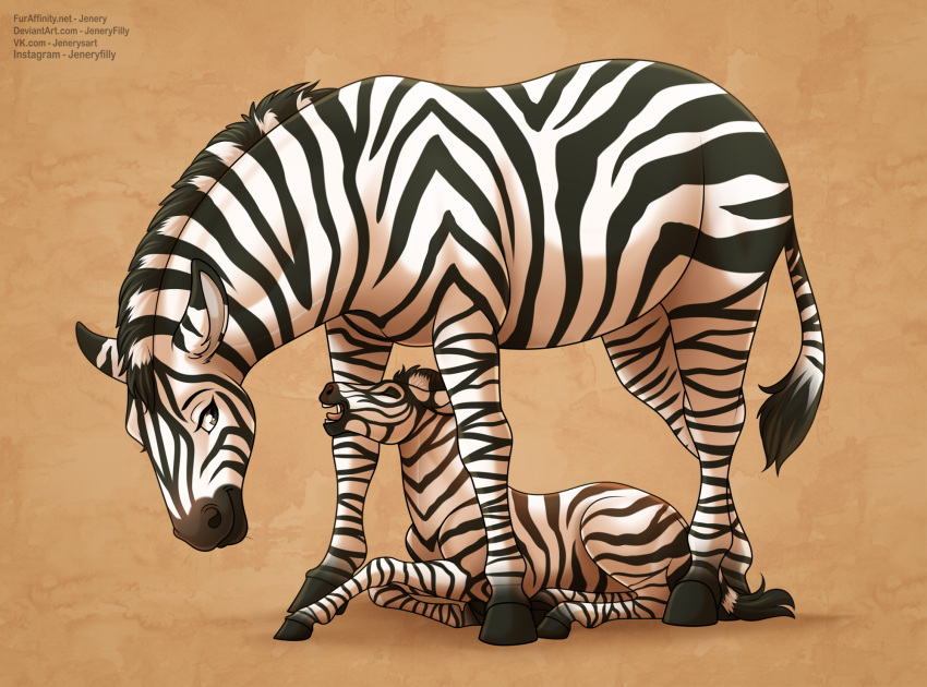 2020 ambiguous_gender brown_background duo equid equine female feral hi_res hooves jenery looking_at_another lying mammal mother mother_and_child on_front parent parent_and_child quadruped simple_background smile standing stripes text url zebra