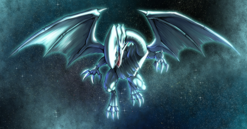 blue-eyes_white_dragon blue_eyes blue_outline claws d.chikusou dragon glowing highres no_humans open_mouth outline sharp_teeth space sparkle star_(sky) talons teeth tongue torn torn_wings wings yu-gi-oh!