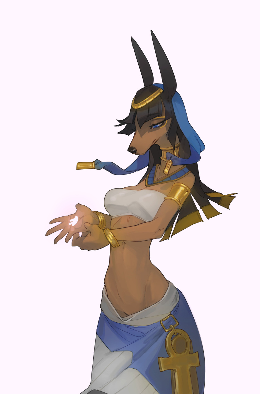 2020 absurd_res anbs-02 anthro anubian_jackal anubis armband bandeau black_hair blue_eyes breasts canid canine canis clothed clothing deity dress egyptian_clothing egyptian_headdress egyptian_mythology eyelashes female genitals hair hi_res jackal jewelry lost-paw makeup mammal middle_eastern_mythology midriff mythology navel necklace portrait pussy simple_background solo three-quarter_portrait topwear wristband