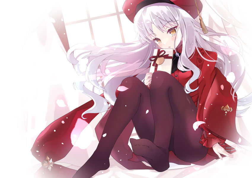 1girl absurdres aoi_yugina bangs beret box breasts brooch brown_legwear caren_hortensia dress fate/grand_order fate_(series) gift gift_box hat highres jewelry legs long_hair long_sleeves looking_at_viewer medium_breasts neck_ribbon no_shoes pantyhose petals red_dress red_headwear ribbon shawl sitting soles wavy_hair white_hair yellow_eyes